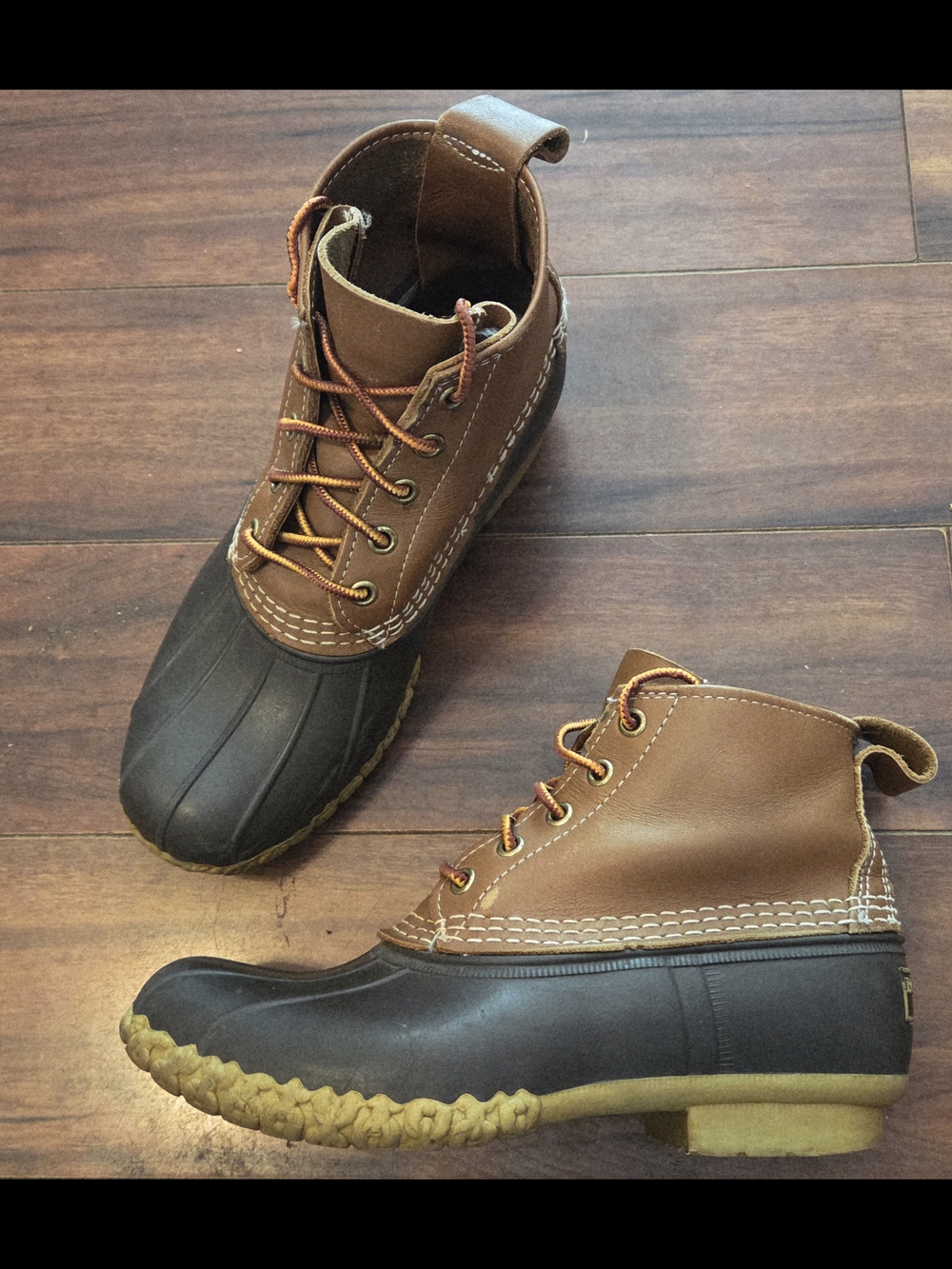 VTG L.L. Bean Women's Brown Leather and Blue Rubber Duck Boots